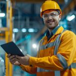 A skilled factory worker or technician wearing a yellow safety helmet and uniform is standing in an industrial workshop or facility confidently using a digital tablet or device to monitor or control